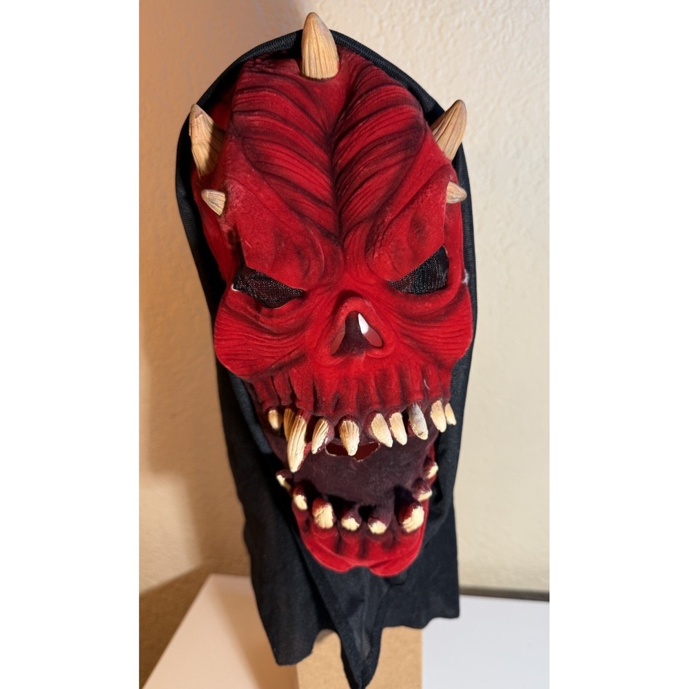Vintage Flocked Red Devil Skull Halloween Mask Hooded Horned Horror Costume